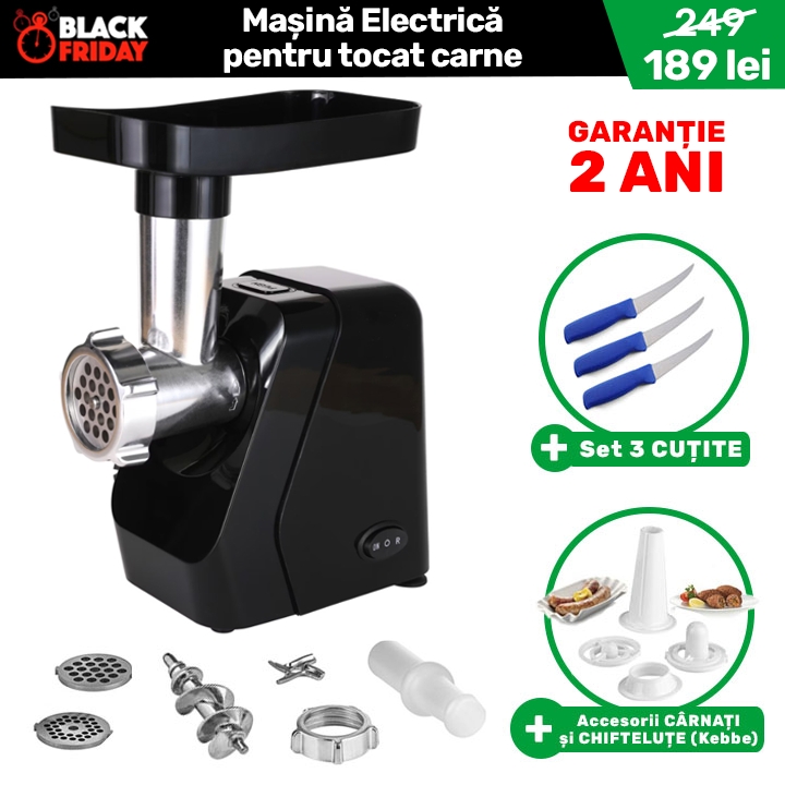 Mașină ELECTRICĂ pentru Tocat CARNE, foarte PUTERNICĂ, Mecanism INOX, 2 SITE incluse, accesorii pentru KEBBE + Accesoriu Cârnați + CADOU