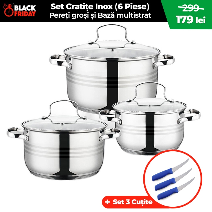 Set 6 PIESE vase din INOX (5.5 - 2.5 litri), Bază Multistrat, Pereți Groși, Capace Sticlă Termorezistentă, Design Modern + CADOU