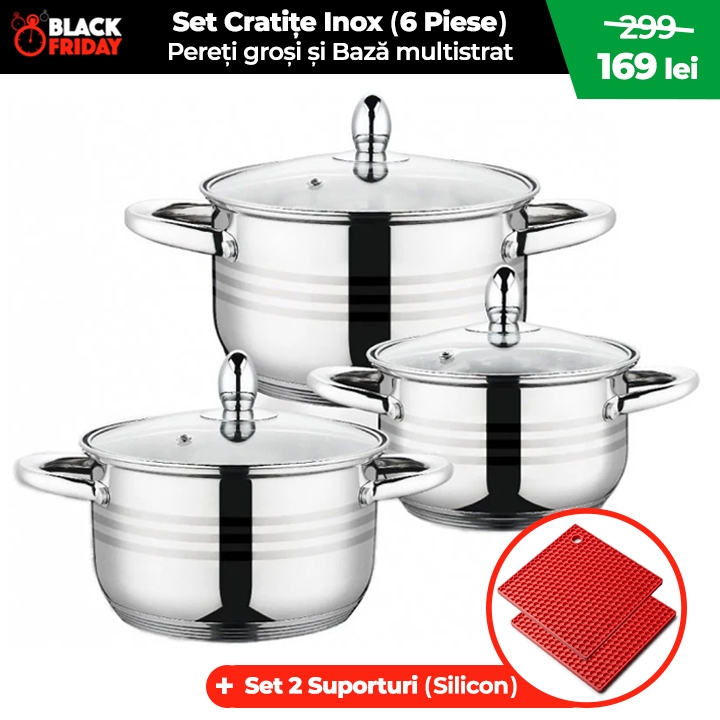Set 6 PIESE vase din INOX (3.6 - 2 litri), Bază Multistrat, Pereți Groși, Capace Sticlă Termorezistentă, Design Modern + CADOU