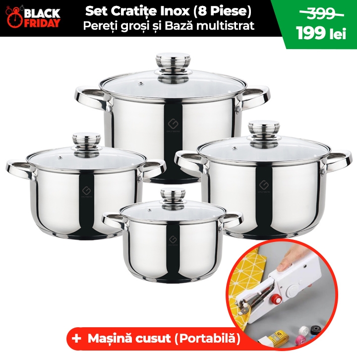 Set 8 PIESE vase din INOX (4.7 - 1.9 litri), Bază Multistrat, Pereți Groși, Capace Sticlă Termorezistentă, Design Modern + CADOU