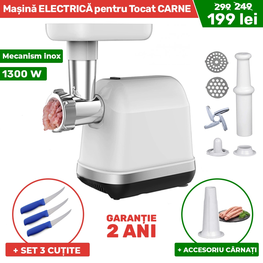 Mașină ELECTRICĂ pentru Tocat CARNE, foarte PUTERNICĂ de 1300 W, 2 SITE incluse, accesorii pentru Chifteluțe (Kubbe) + Accesoriu Umplere Cârnați + CADOU